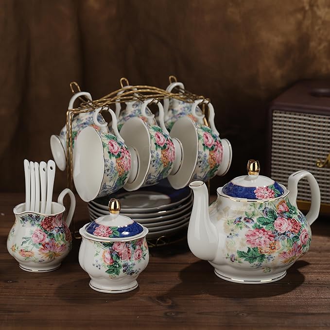 fanquare 21-Piece Blue Lace Porcelain Tea Set, China Coffee Cup and Saucer Set for 6, Pink Flower Tea Sets for Adults Women