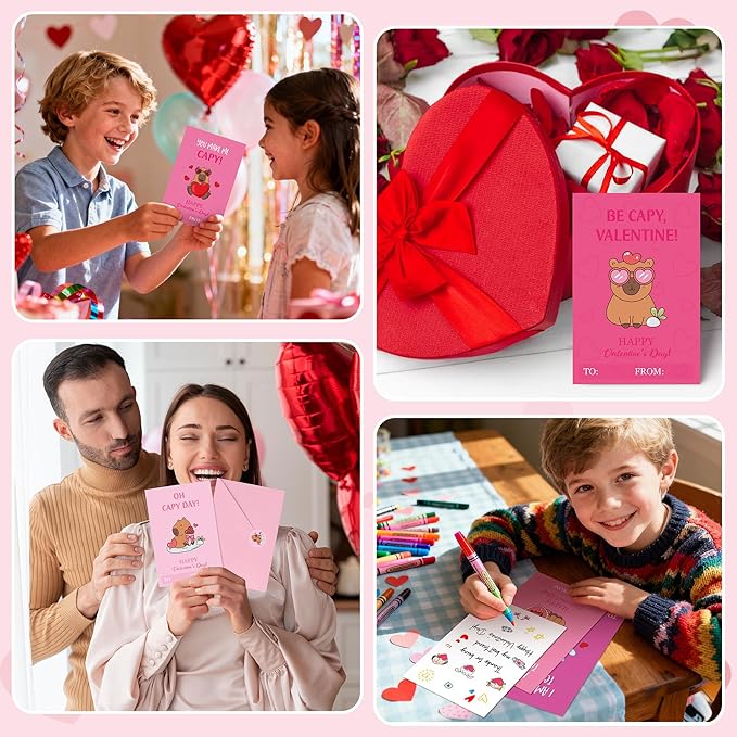 TICIAGA 72pcs Valentine's Day Capybara Greeting Card with Envelop and Stickers for Kids, Fun Animal Notecard Gift Cards for Boys and Girls School Classroom Exchange, Valentines Capybara Party Favors