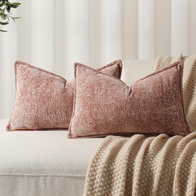 Pack of 2 Pink Decorative Throw Pillow Covers 12x20 Cozy Soft Chenille Boho Accent Vintage Farmhouse Rectangular Lumbar Couch Pillow Covers for Home Decor Bed Sofa Living Room