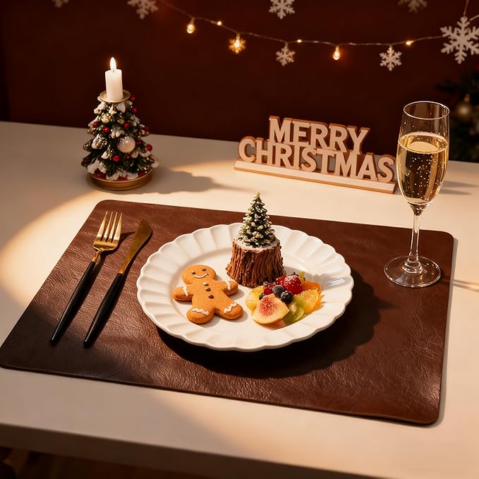 DOLOPL Placemats Set of 4 Reversible Dual-Color Table Placemats – Heat Resistant Wipeable & Brown Placemats, Luxury Faux Leather Table Mats for Vintage Dining Table Decor（Dark Brown & Black）