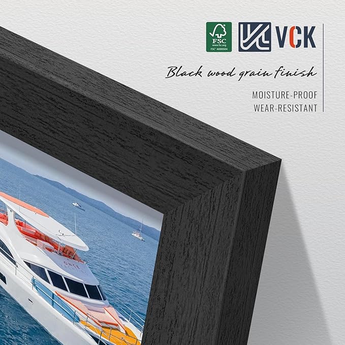 VCK 18x24 Frames Black Set of 5, Wide Border Wood, Display 16x20 Picture Photo with Mat or 18 x 24 without, for Home, Office, Gallery, Woodgrain Series, Wall Hanging