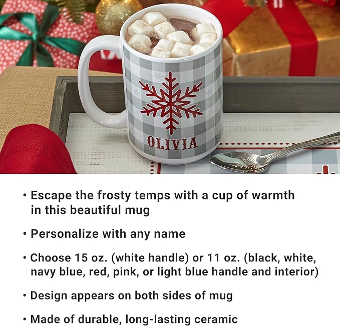 Let's Make Memories Personalized Mug - Christmas Holiday Stocking Stuffer - Ceramic Coffee Mug - Buffalo Plaid Snowflake - White Handle - 15 oz.