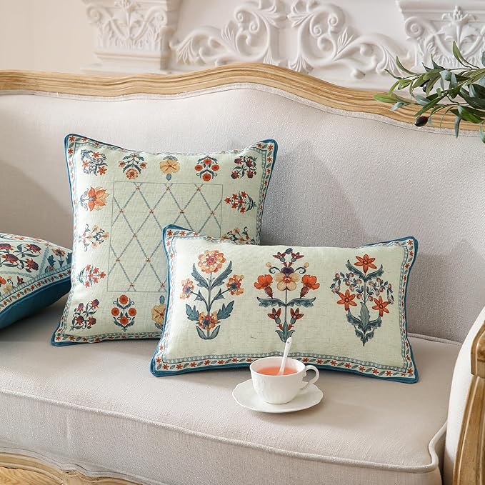 ISAENNE Design Linen Throw Pillow Covers Set of 4, Blue Country Cushion Covers with Colorful Wildflower Pattern Decor Lumbar Round Square Pillowcases for Bed,Living Room,Outdoor,Car
