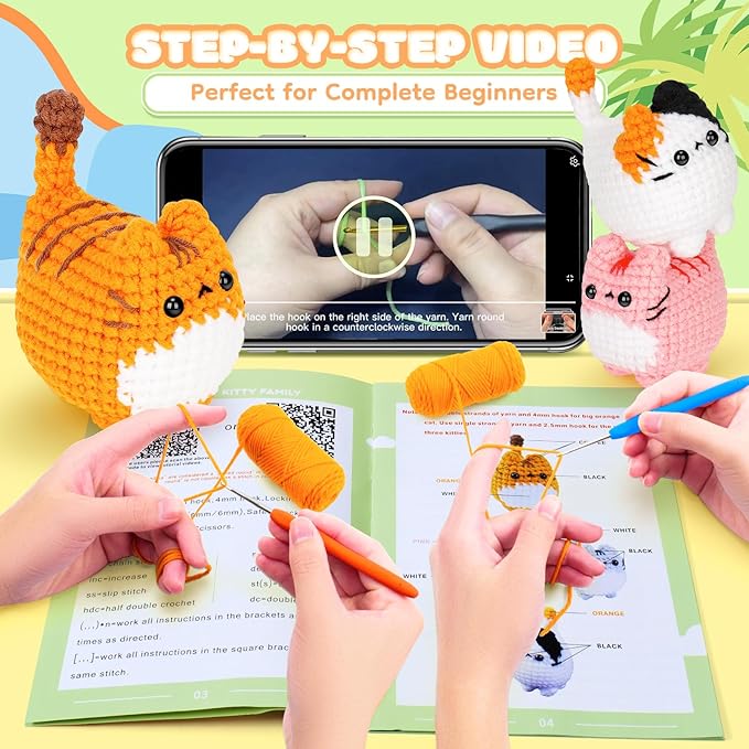 Crochet Kit for Beginners-4PCS Cat Crochet Kits for Adults, Crochet Starter Kit with Step-by-Step Video Tutorials, Crochet Animals Kits DIY Craft Knitting Kit Learn to Crochet Kits for Adults