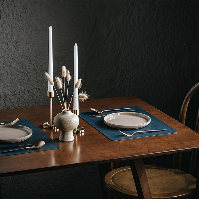 DOLOPL Placemats Set of 4 Reversible Dual-Color Table Placemats– Heat Resistant Wipeable & Washable Place Mats, Luxury Faux Leather Table Mats for Vintage Dining Table Decor (Camel & Navy Blue)