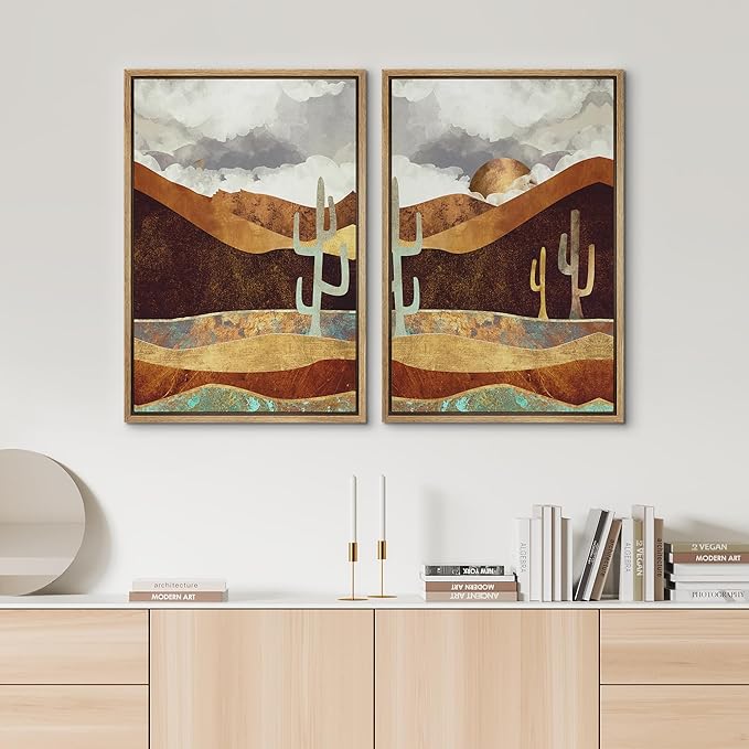 SIGNWIN Framed Canvas Print Wall Art Set Geometric Granite Desert Cactus Landscape Nature Wilderness Illustrations Modern Art Colorful for Living Room, Bedroom, Office - 16"x24"x2 Natural