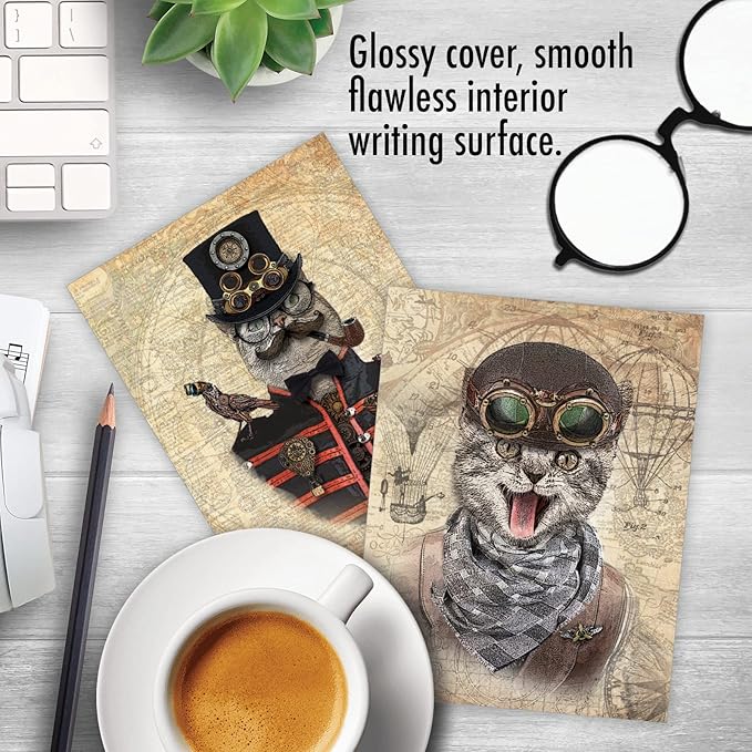 The Best Card Company - 10 Adorable Blank Cat Cards (4 x 5.12 Inch) - Cute Pet Kittens, Assorted Bulk Notecard Set - Steampunk Cats M6554OCB