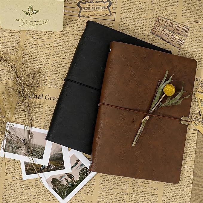 Vienrose Photo Album Scrapbook Kit, 3 Ring Faux Leather Cover DIY Memory Book Kraft Paper with 30 Sheets 60 Pages, Vintage Scrapbooking Supplies Set for Wedding, Anniversary, Family, Gifts, Brown