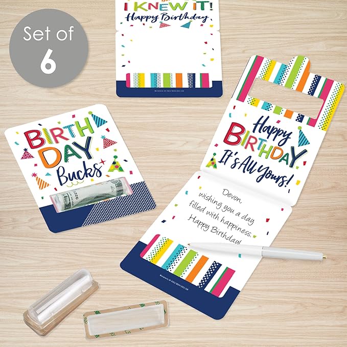 Big Dot of Happiness Cheerful Happy Birthday - DIY Assorted Colorful Birthday Party Cash Holder Gift - Funny Money Cards - Set of 6