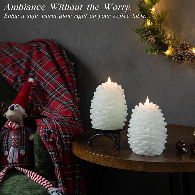 Pinecone Flameless Candles with Remote Timer, 2 Pack Real Wax Battery Operated LED Candles for Christmas Decorations, Rustic Holiday Table Centerpieces, Winter Home Décor White