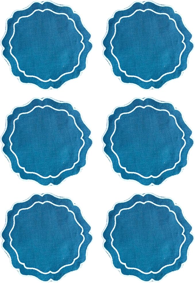Drink Coasters Set of 6, 6x6 inch, Absorbent Linen Drink Mats with Scalloped Edge, Reusable Handmade Coffee Coasters for Home Decor & Tabletop Protection & Gift Giving (Peacock)