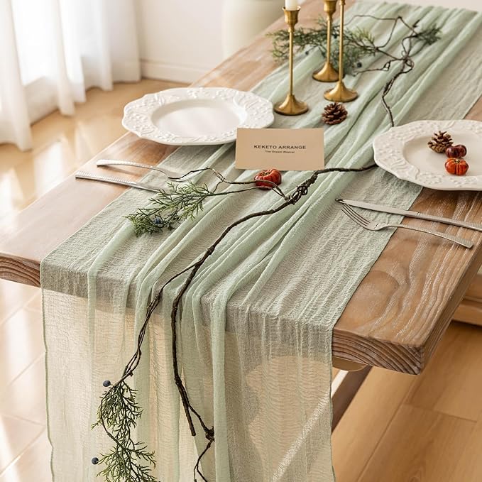 Keketoarrange 3pcs Sage Green Spring Easter Cheesecloth Table Runner 120 Inch 10 FT Rustic Boho Cheese Cloth Runner for Wedding Baby Shower Bridal Shower Sheer Gauze Centerpiece Home Decorations
