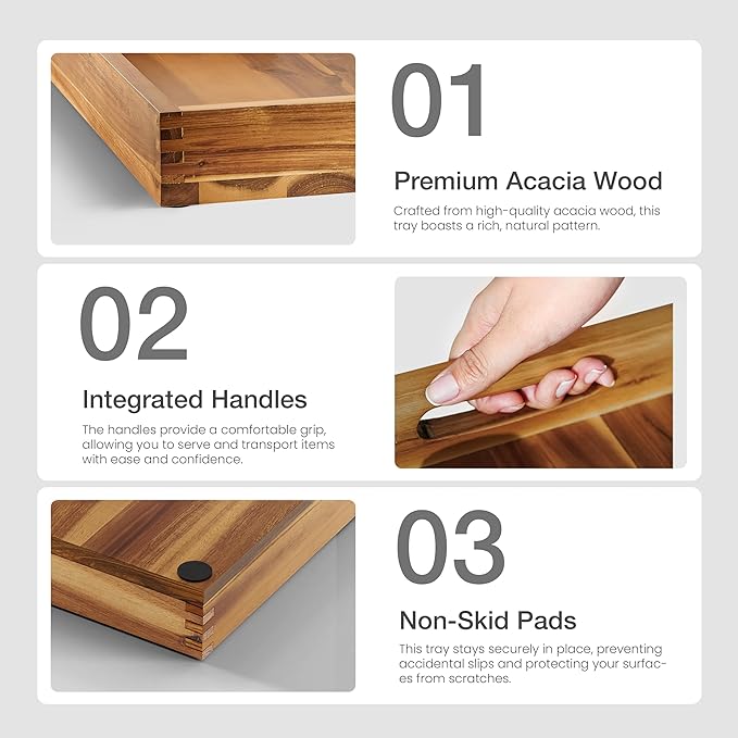 20 Inch Acacia Wood Ottoman Tray - Wooden Square Serving Tray with Handles - Extra Large Food Serving Trays for Decorative, Coffee Table, Breakfast in Bed - Charcuterie Trays Use for Kitchen
