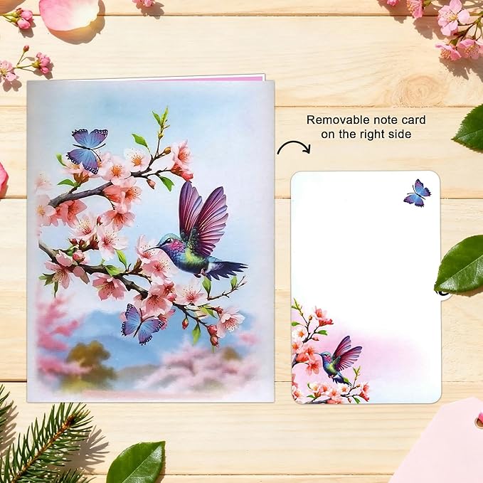 Hummingbird Cherry Blossom Greeting Cards Pop Up 3D Gift for Happy Birthday, Anniversary, Thank you, Blank Notecard, All Occasions Mom Wife Grandma Grand Men Women