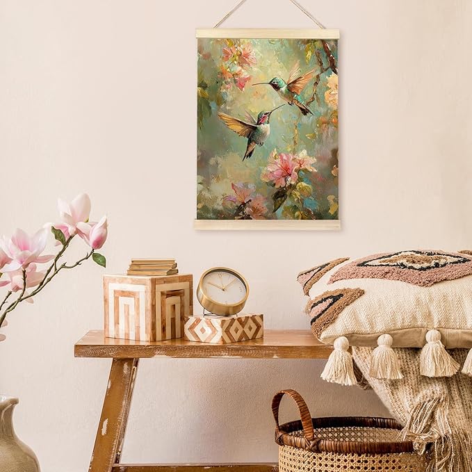 bitCNY Hummingbird Wall Art 12x16 Inches – Colorful Floral Canvas Painting, Nature Bird Artwork, Botanical Oil Style Home Decor 607