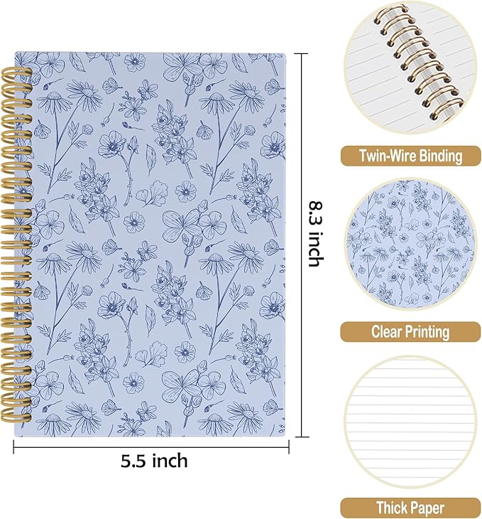 Vintage Blue Floral Journal Notebook - Aesthetic Botanical Flower Notebooks College Ruled for Work School, Gifts for Coworkers, Office Supplies, Hardcover Spiral Notebook 5.5"x8.3"