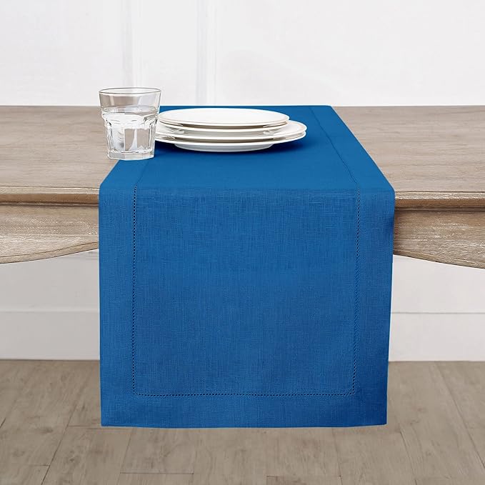 Solino Home Linen Indigo Blue Table Runner 132 Inches Long - 100% Pure Linen Extra Long Table Runner 14 x 132 Inch for Winter, Spring, Easter - Classic Hemstitch