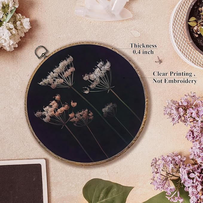 FUGWN Dark Cottagecore Wildflower Floral Round Wall Art Decor Framed, Vintage Flower Botanical Canvas Artwork Prints, Dark Floral Wall Hanging Decorations for Home Bedroom Living Room, 10x10 Inch