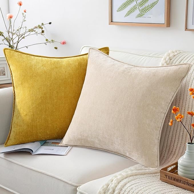 decorUhome Spring Couch Euro Sham Throw Pillow Covers 24x24 Set of 2, Decorative Soft Velvet Neutral Chenille Pillow Covers with Elegant Design for Sofa Bed Living Room Home Decor, Mineral Yellow