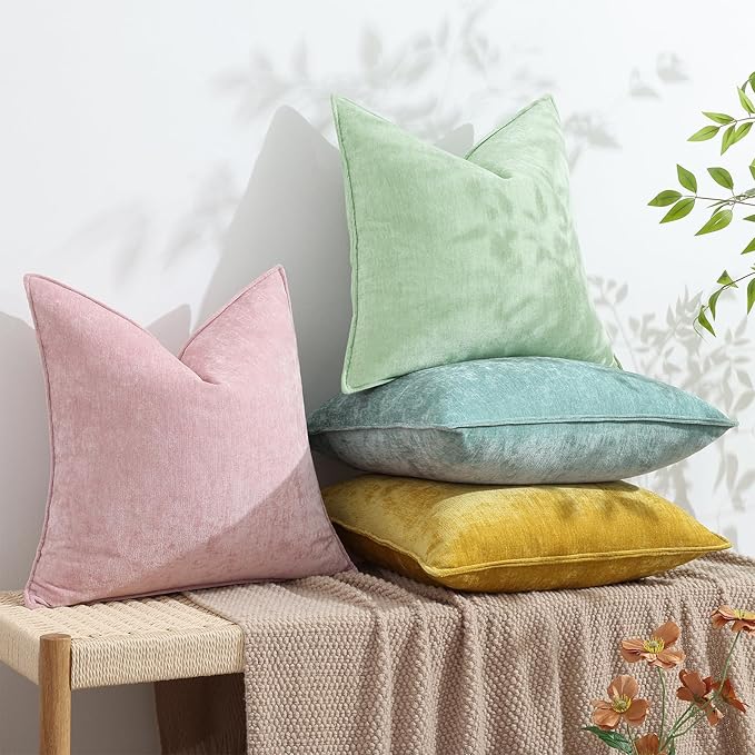 decorUhome Spring Couch Euro Sham Throw Pillow Covers 22x22 Set of 2, Decorative Soft Velvet Neutral Chenille Pillow Covers with Elegant Design for Sofa Bed Living Room Home Decor, Aqua Haze