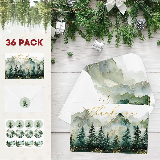 Artoid Mode 36 Pack Golden Polka Dot Tree Mountain Forest Thank You Cards Gift With Envelope Sticker Blank Note Greeting Cards, 4 x 6 Inch