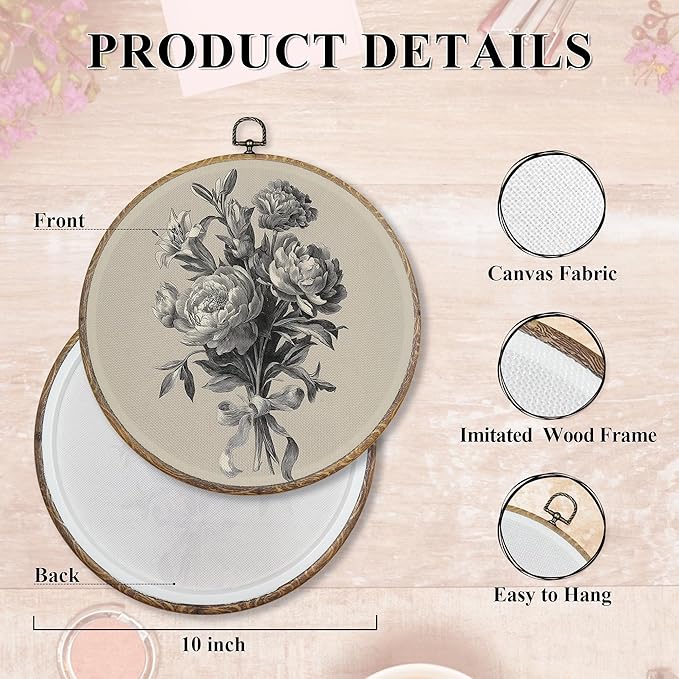 FUGWN Vintage Floral Botanical Round Wall Art Decor Framed, Cottagecore Peony Lily Carnations Flower Canvas Artwork Prints, Retro Floral Wall Hanging Decorations for Home Bedroom Room, 10x10 Inch
