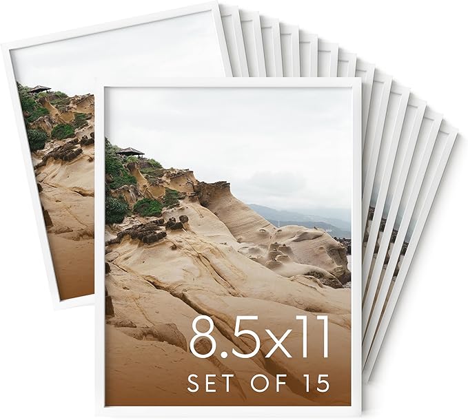 HAUS AND HUES 8.5x11 White Aluminum Frame Set of 15 - Certificate & Diploma Display, Shatterproof Plexiglass (8.5x11 in, White)