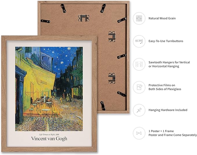 Monem Art Vintage Van Gogh Poster - Retro Impressionist Print - Cafe Terrace at Night, Arles, Stars, Aesthetic - Gift for Artist, Friend - Wall Decor for Home, Office, 8x10 Beige Framed