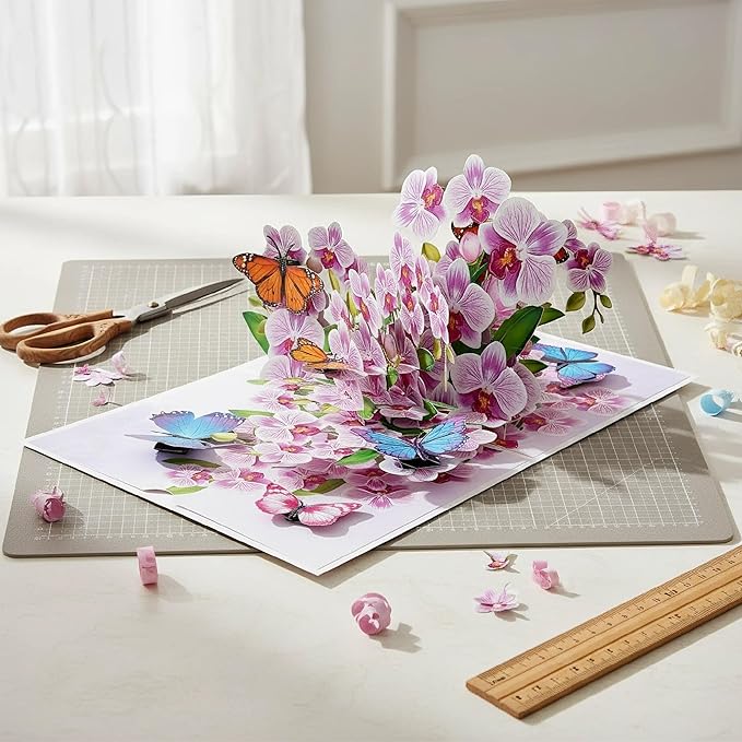 Greeting Card Purple Orchid with Butterflies 3D Pop-Up Cards Handmade Birthday Flower Gift for Women, Mom, Wife, Men 6x8 Inches Aniversary Wedding Christmas Gifts Floral