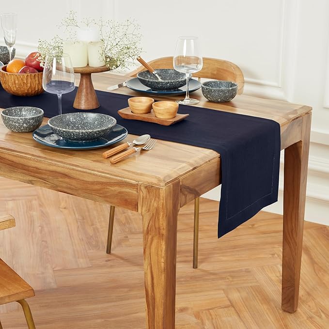 Solino Home Linen Table Runner 90 Inches Long - 100% Pure Linen Navy Blue Table Runner 14 x 90 Inch for Winter - Medium Weight Hemstitch