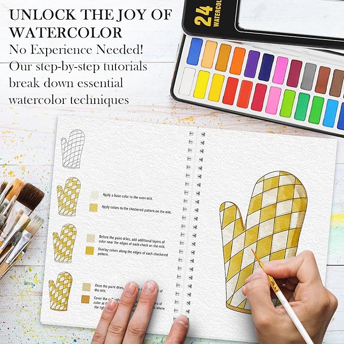 3Pcs Watercolor Workbook Paint Book Beginner Friendly Painting Kit, 36 Pages Workbooks with 24 Paint Colors & Brush for Beginners, Stress-Relieving Gift for Women Adults (Kitchen&Animals&Flower)