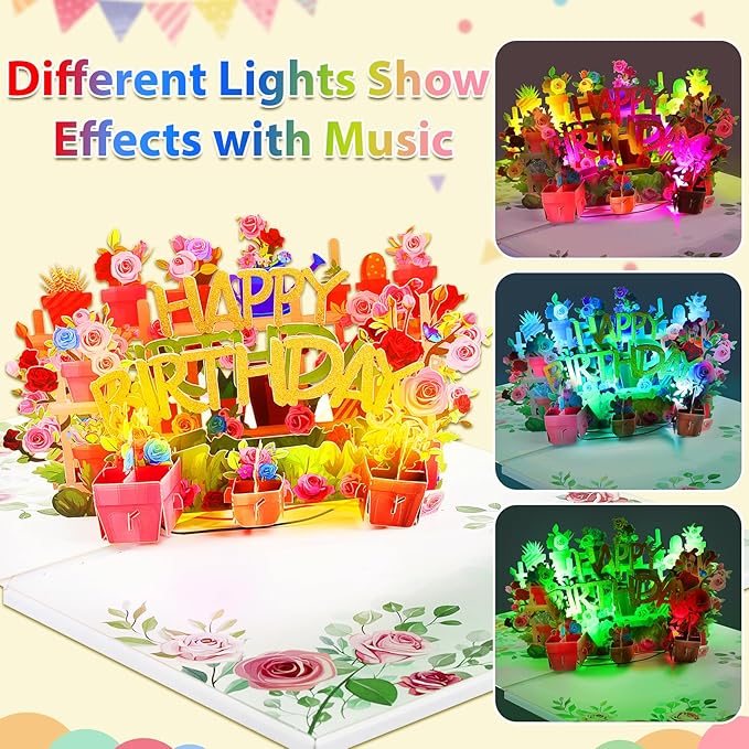 GREETING ART Musical Flower Birthday Card, Light and Music Pop Up Happy Birthday Card, Flower 3D Pop Up Birthday Gift Card for Women Wife Mom Daughter Sister