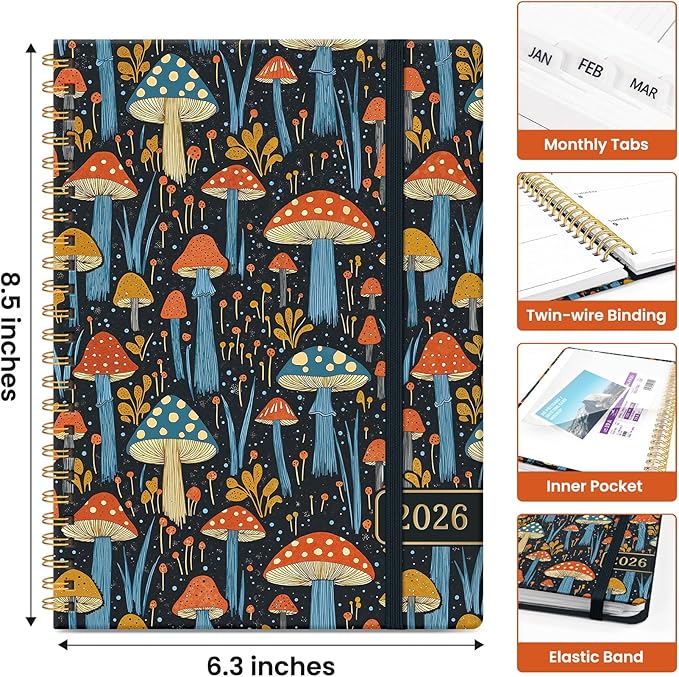 2026 Planner, Weekly and Monthly Calendar Planner for Women, Jan 2026 - Dec 2026, Hardcover Planning Agenda book with Tabs, Spiral Bound, Inner Pocket, Perfect for School Office Supplies, 6.3" x 8.5" - Mystic Mushrooms