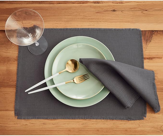 Solino Home Linen Fringe Cloth Placemats Set of 4-100% Pure Linen Charcoal Placemats 14 x 19 Inch for Winter, Spring - Handcrafted and Machine Washable
