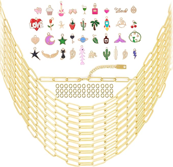 10PCS 18inch Gold Paperclip Charm Necklace for Women with 37PCS Charm 45PCS O-Rings for Jewelry Making Stainless Steel Filled 18K Gold Plated Adjustable Link Chain Necklaces