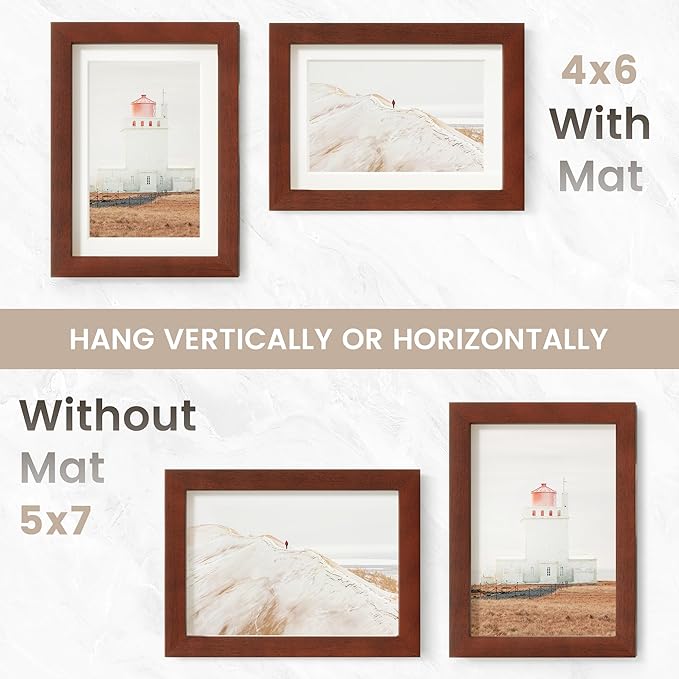 5x7 Picture Frame, USA-Sourced Natural Mahogany Wood Photo Collage Frame with HD Tempered Glass, Modern Simple 5 x 7 Wooden Frame Matted to 4x6, Gallery Wall Frames for Art, Wall or Tabletop Display