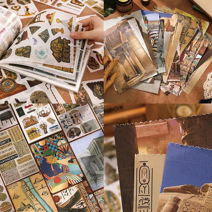 Egyptian Theme Sticker Book, 30 Sheets 300+ Pcs Vintage Aesthetics Stickers & 20 Sheets Washi Paper for Journaling Scrapbooking Bullet Journals Planners Letter Card Making