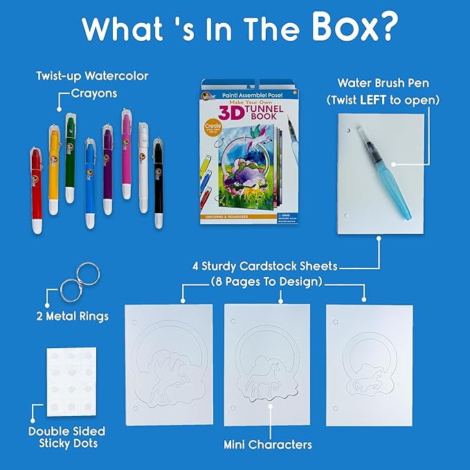 MAKE YOUR OWN 3D TUNNEL BOOK - UNICORNS & PEGASUSES | Medium Size DIY Book Art & Craft Kit | Build, Paint & Draw Your Own Book with Mini Animals | Award-Winning STEAM Stationary Set | Ages 3+