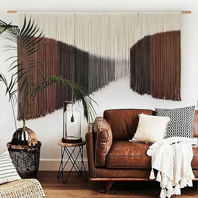 Jakalin Large Macrame Wall Hanging Handmade Geometric Dip Dyed Brown Boho Fiber Wall Decor for Living Room Fiber Yarn Wall Art