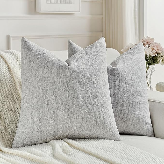 FUTEI Light Grey Chenille Decorative Throw Pillow Covers 26x26 Inch Set of 2,Soft Cozy Faux Linen Textured Euro Pillow Shams,Farmhouse Home Decor for Couch Living Room