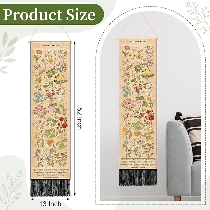 Geetery Vintage Floral Vertical Tapestry Wall Hanging Long Narrow Wall Fabric Flower Hanging Reference Illustrative Botanical Tassel Tapestry for Home Decor Gift (Natural)