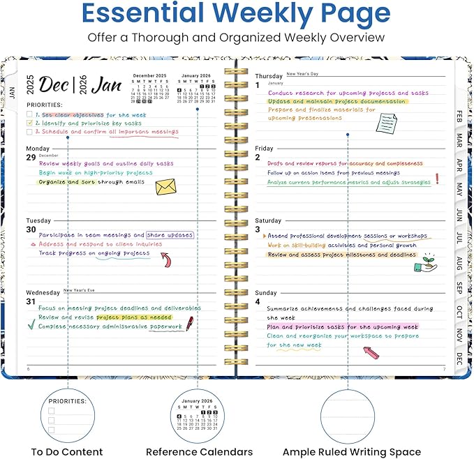 2026 Planner, Weekly and Monthly Planner for Women, January 2026 to December 2026, Pretty Hardcover 2026 Calendar Planner Book with Tabs, Inner Pocket, Spiral Bound, Perfect Office Home School Supplies - 6.3" x 8.5", Azure Garden