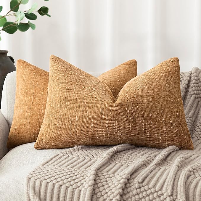 Foindtower Set of 2 Textured Chenille Throw Decorative Pillow Covers Square Accent Solid Cushion Cover Neutral Farmhouse Lumbar Pillow Case for Couch Sofa Bedroom Living Room 12x24 Inch,Golden Brown