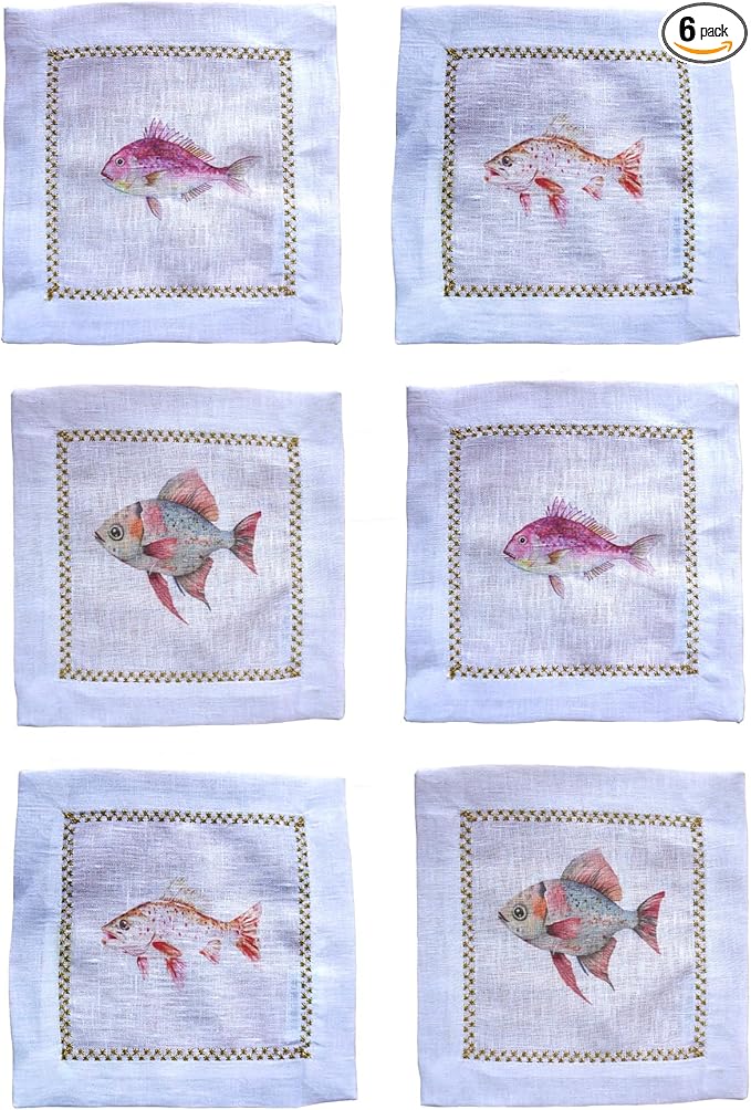 Cocktail Napkins Set of 6, 6x6 inch, 100% Linen, Printed Animal Pattern, Reusable & Washable Cloth Coasters for Beverages, Hosting, Gifting & Everyday Use (Pink Fish)