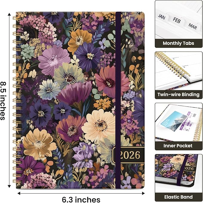 2026 Planner, Weekly and Monthly Calendar Planner for Women, Jan 2026 - Dec 2026, Hardcover Planning Agenda book with Tabs, Spiral Bound, Inner Pocket, Perfect for School Office Supplies, 6.3" x 8.5" - Midnight Bloom