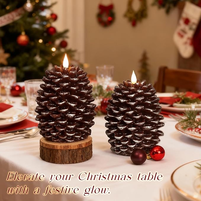 Pinecone Flameless Candles with Remote Timer, 2 Pack Real Wax Battery Operated LED Candles for Christmas Decorations, Rustic Holiday Table Centerpieces, Winter Home Décor Brown