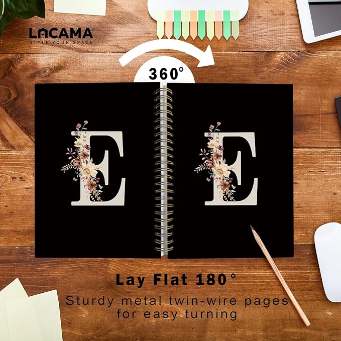 Lacama Black Initial Letter E School Notebook Journal, Cute Wildflower Personalized Spiral Notebook, School Supplies, Customized Monogrammed Gifts, Birthday Gifts for Women, Office Supplies