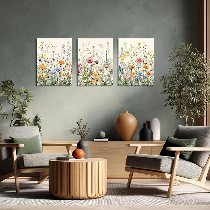 LLEEMPI Framed Watercolor Floral Wall Art Set of 3, Colorful Wildflower Wall Decor, Modern Abstract Botanical Canvas Painting, Rustic Farmhouse Poster Print for Bedroom Bathroom Office 12x16 Inch