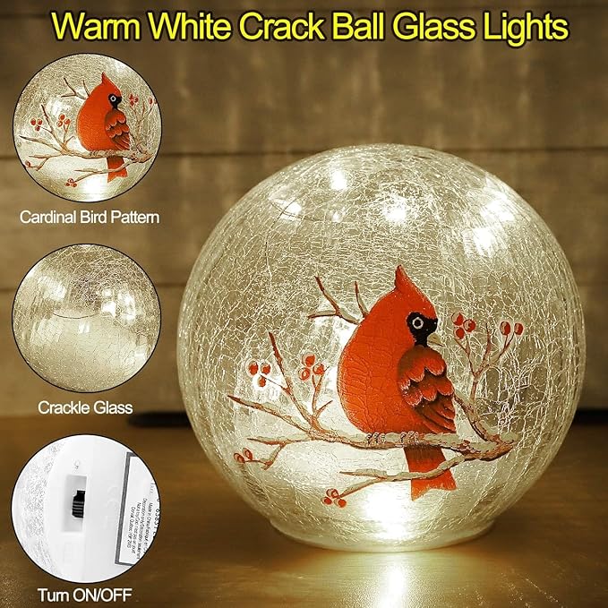 Crackle Glass Ball Cardinal Lamp with Timer, Light Up Red Cardinal Stained Glass Christmas Decor Accent Lamp, Lighted Red Bird Globe Glass Table Lamp, Orb Cardinal Night Light 2 Pack (6in & 5 in)