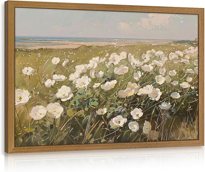 CAZLOUC Vintage Coastal Wall Art, White Wildflower Wall Decor, Rustic Farmhouse Landscape Canvas Painting, Nature Seaside Floral Poster Print for Bedroom Living Room Office Wood Framed 12x16 Inch